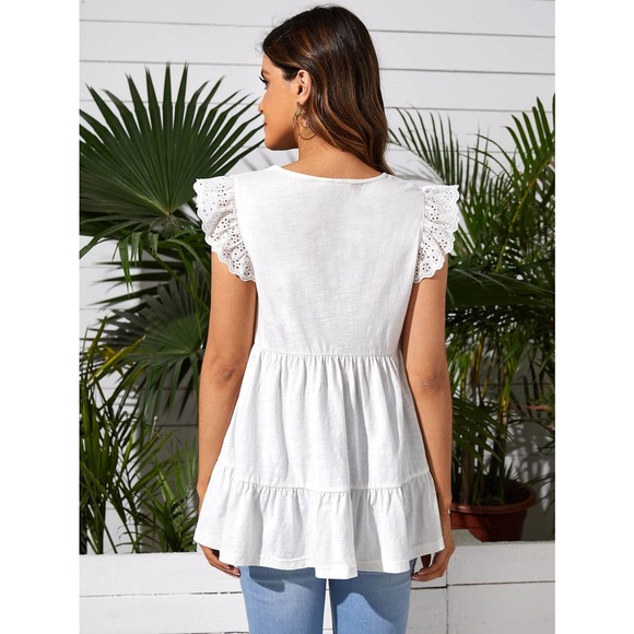Maternity short Sleeve Ruffle Hem peplum Tee white boho - Picture 2 of 5